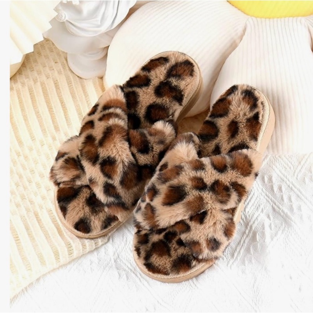 Halendik Women’s Cross Band Memory Foam Brown Slippers Fluffy Open Toe (11-12)